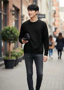 Branded Imported Black Ribbed Crewneck Sweatshirt