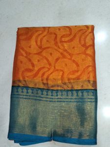 Orange & Teal Patterned Saree