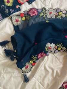 Floral Embroidered Navy Blue Saree