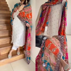 White Chinon Suit With Multicolor Dupatta
