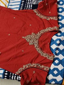 Women Red Embroidery Cotton Mix Casual Kurta