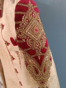 Elegant Beige Sherwani with Red Embroidery
