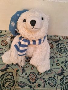 Polar Bear Whit Snowflakes Blue Striped Hat &amp;scarf