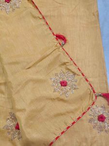 Ossum Mustard Saree With Red Unstitched Blouse Pc
