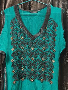 Embroidered Green Sleeveless Tunic Top