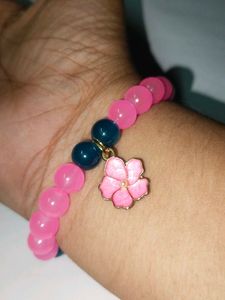 Pink Flower Charm Glass Beads Bracelet