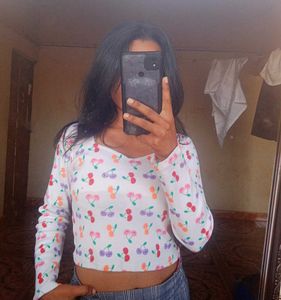 Cherry Print Long Sleeve Crop Top