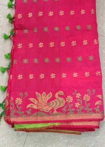 Parrot Green And Pink, Peacock Work Saree