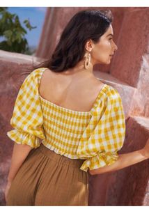 Crop top(Puff sleeves yellow &amp; white checkered)