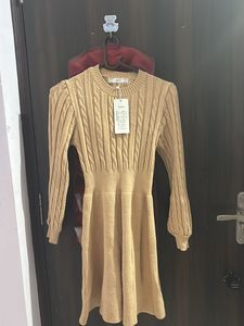 Beige Full Sleeve Woven Dress Korean