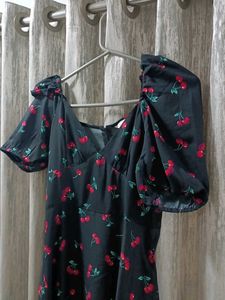 Cherry Print Puff Sleeve Midi Dress