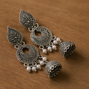 Boho Silver Jhumka Earrings