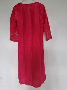 W Embroidered Straight Hot Pink Kurta, Size - Xs