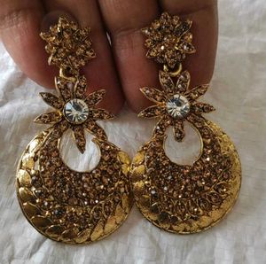 Set Of 2:- Shell Beaded &amp; Golden Stone Earrings