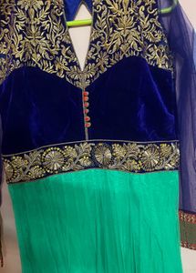 Green And Blue Anarkali Suit For Party