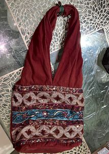 Sequin Embroidered Shoulder Brown Handbag