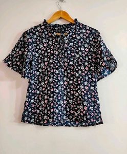 Floral Blue Ruffle Neck Top