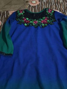 Blue Kurta with Floral Embroidery