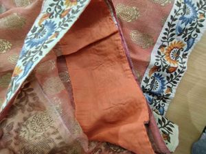 Coral And Beige Embroidered Saree (Women&#39;s)