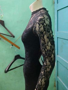 Black Lace Mock Neck Mini Dress