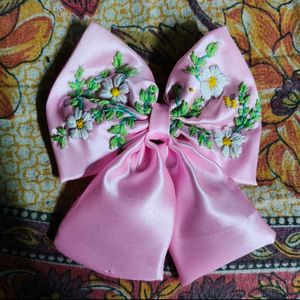 Pink Embroidered Bow Hair Clip