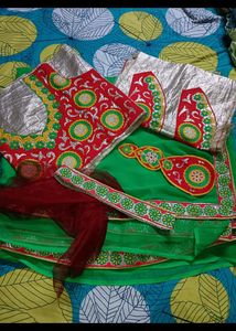 PARROT GREEN SAREE WITH EMBROIDERY BLOUSE SET