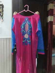 Beautiful Embroidery Work Net Kurta With Inner (38 Bust) Length- 49 Inches- Front &amp; Back Both Side Embroidery Work