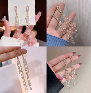Korean White Dangling Pearl Tassel Crystal Earring