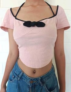 Pink Crop Top Halter Neck