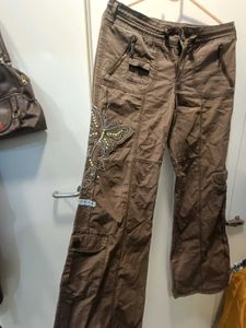 Whimsical Brown Embellished Cargo Pants