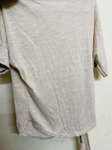 Beige Embellished Tie-Front Tee