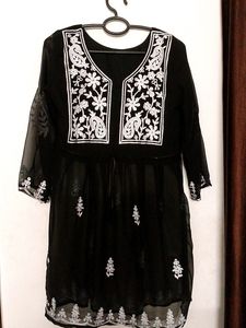 A Short Chikankari Kurti In Black Colour