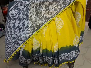 New Yellow&amp;Gray BlockPrint MulmulCotton Saree+Blou