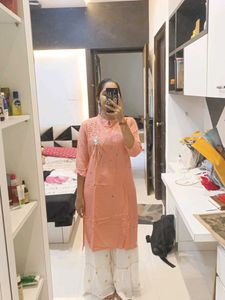 Peach Kurti and White Palazzo Pants