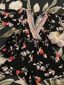Black Flower Print Playsuit