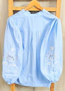 Blue Embroidered Sleeve Top Size-42