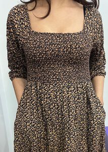 Square Neck+ Off Shoulder Smoked Midi Dress