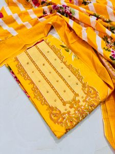 Yellow Floral & Striped Unstitched Suit