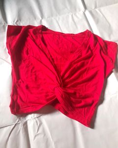 Red Cropped Twist Tied Top Xs Girl Fitted Crop Tee