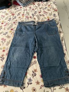 Denim Blue Capri Pants with Button Detail