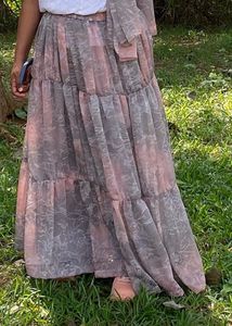 Tiered Beige Floral Skirt With Stole