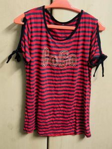 Striped Tee with Cutout Sleeves