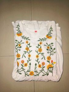 White Floral Embroidered Flared Kurti