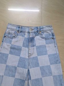 Checkered Pattern Denim Jeans