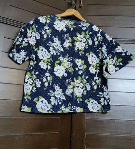 Women Blue Oversized Floral Printed Casual Top