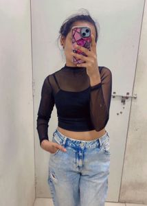 Black Mesh Long Sleeve Top