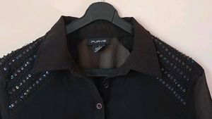 Black Net Top With Sequence Work On The Shoulders