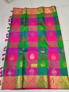 Rose With Green Emboss Silk Saree .