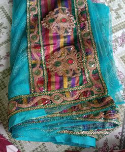 Teal Embellished Net Saree