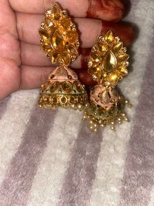 Ethnic Bridal Jhumkis with Pink and Yellow Stone